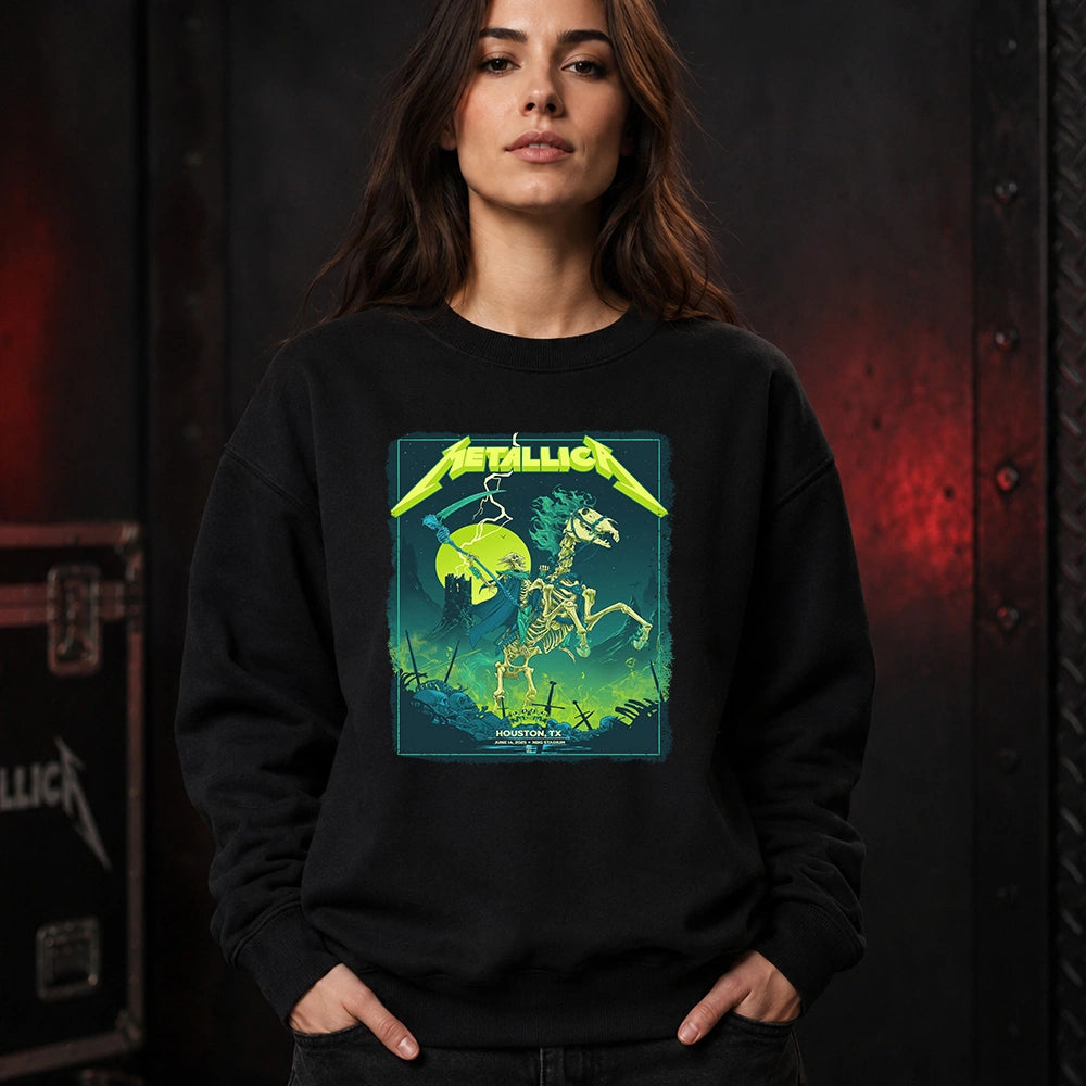 Metallica M72 World Tour June 14 2025 NRG Stadium Houston Texas United States T-shirt by Vance Kelly featuring a skeletal rider on a bone horse, skull-tipped scythe, glowing moon, lightning, skulls, swords and Houston event text.